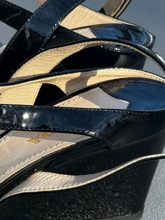 Prada Black Patent Open-Toe Ankle Strap Wedge Sandals Size 39.5 - Picture 7 of 13